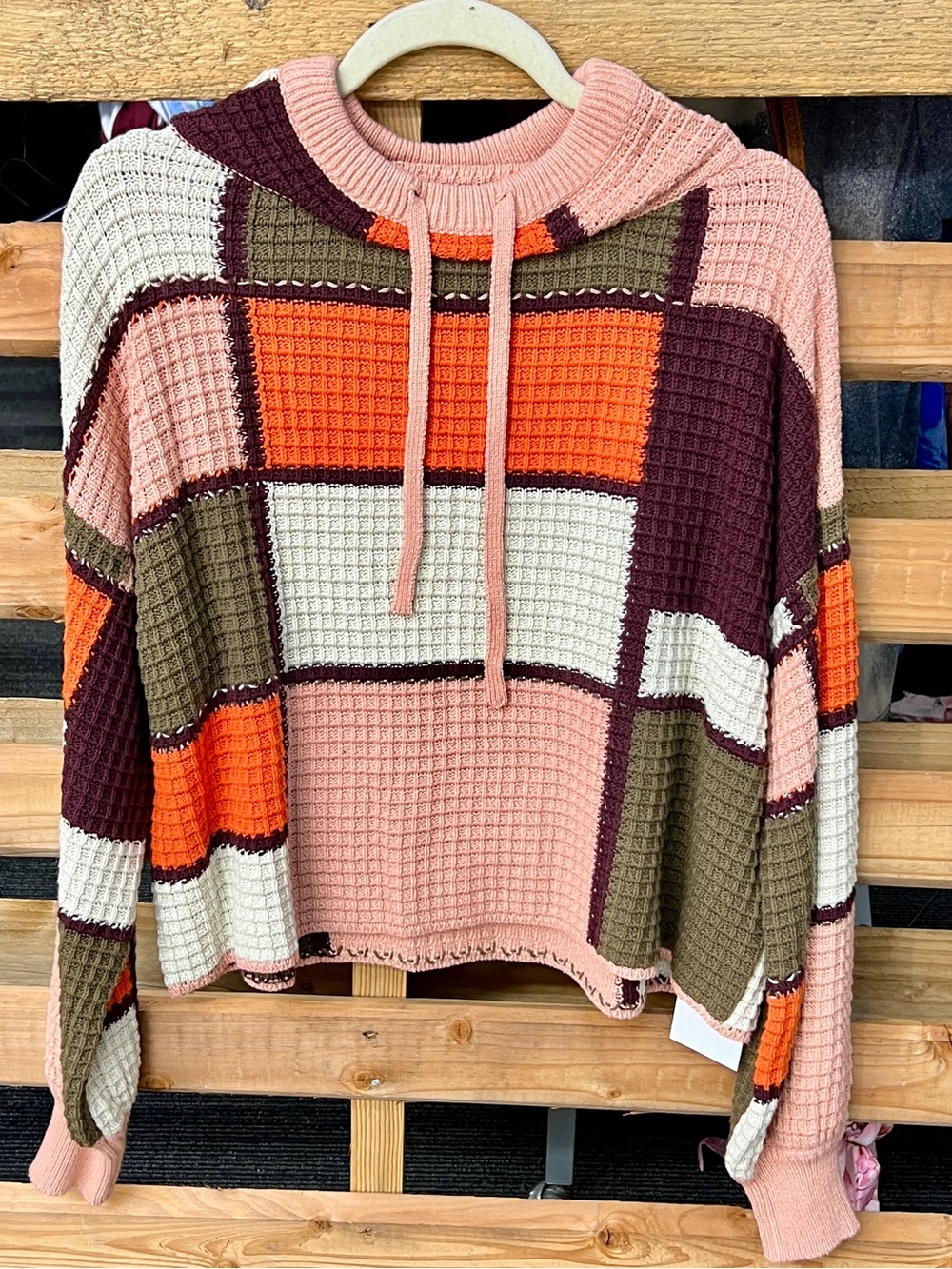Colorblock Waffle-Knit Hoodie Sweater - Pink/Orange/Olive/Burgundy